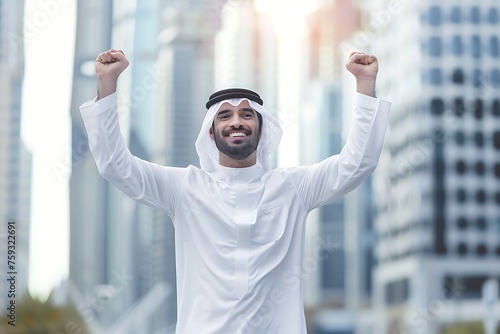 arab male businessman happy smile on city buildings background