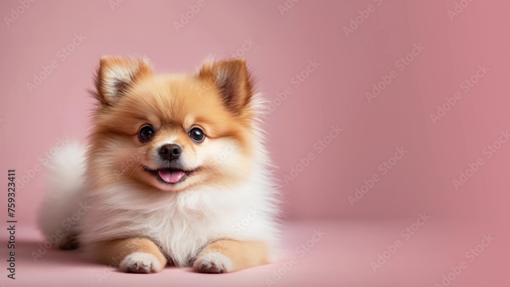 Adorable Pomeranian Puppy Sitting on a Light Pink Background