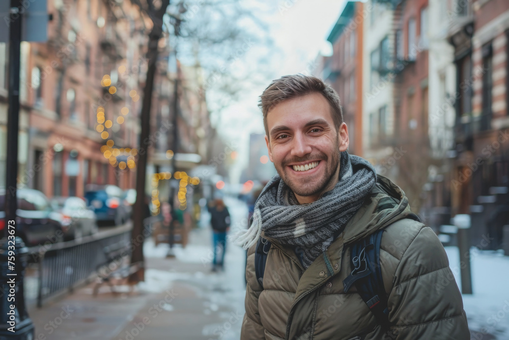 Fototapeta premium A man wearing a scarf and a jacket with the letter a on it