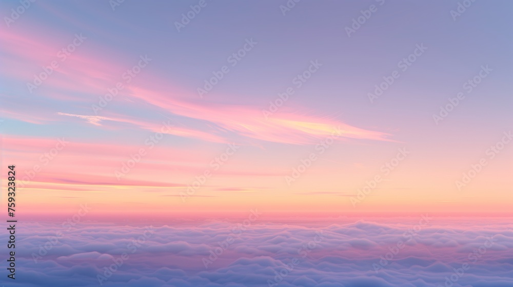 An enchanting and ultra-realistic view of the sky at dusk, featuring a harmonious blend of cool and warm tones. The scene captures the moment just after sunset, where the last light of day gives way