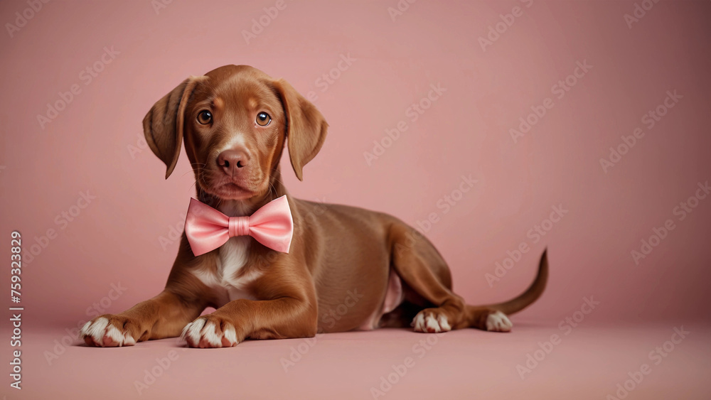 Adorable Vizsla Puppy with Pink Bow Portrait on Light Pink Background Adorable Vizsla Puppy with Pink Bow Portrait on Light Pink Background