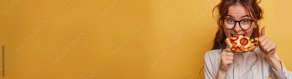 Excited Young Woman Giving Thumbs-Up While Biting into a Tasty Pepperoni Pizza Slice on a Lively Yellow Background Excited Young Woman Giving Thumbs-Up While Biting into a Tasty Pepperoni Pizza Slice on a Lively Yellow Background