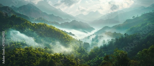 A breathtaking panoramic view of mist-covered mountain peaks rising above a lush forest in a majestic natural landscape.