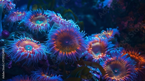 A Close-up of colorful sea anemones glowing under blue light in a marine environment. © Creative_Bringer