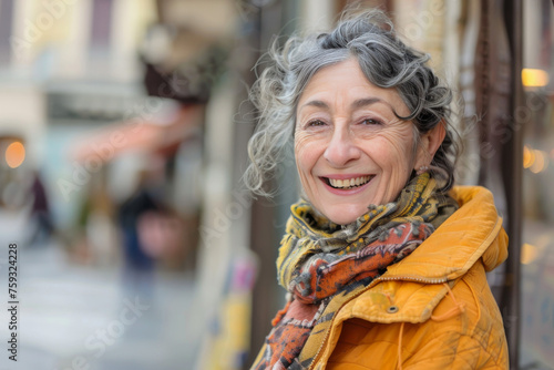 Wallpaper Mural A woman wearing a yellow jacket and scarf smiles for the camera Torontodigital.ca