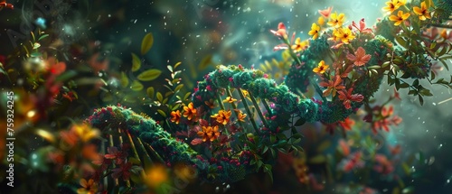 A digital art concept depicting a DNA double helix intertwined with vibrant plant life.