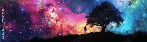 A digital art fantasy scene featuring a silhouette of a tree and two figures under a colorful cosmic sky with nebula and of stars. photo