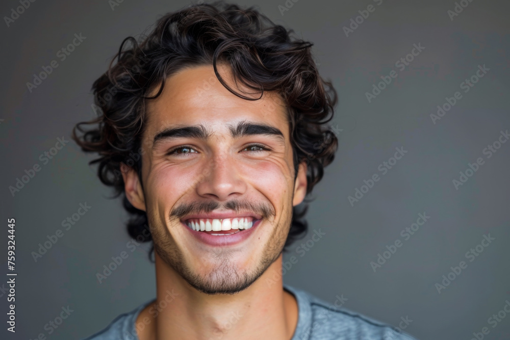 A man with curly hair and a beard smiles for the camera A man with curly hair and a beard smiles for the camera