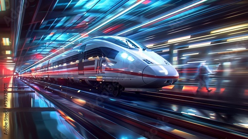 A modern high-speed train speeds through a station