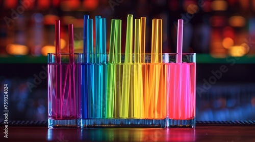 A row of bright multicolored drinking straws lined up inside a clear glass