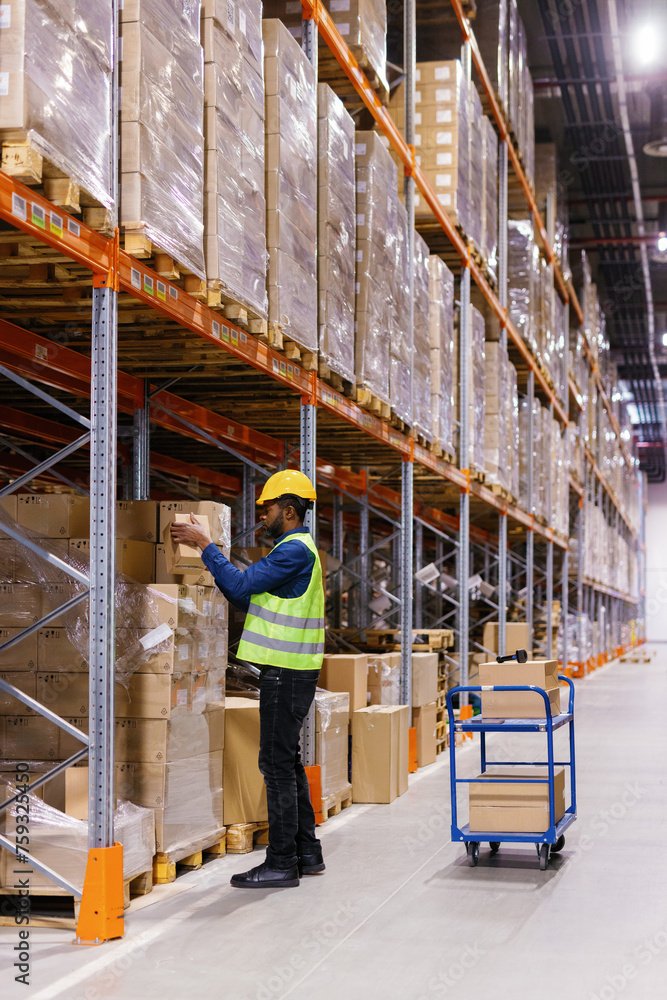 Worker putting boxes goods warehouse Worker putting boxes goods warehouse