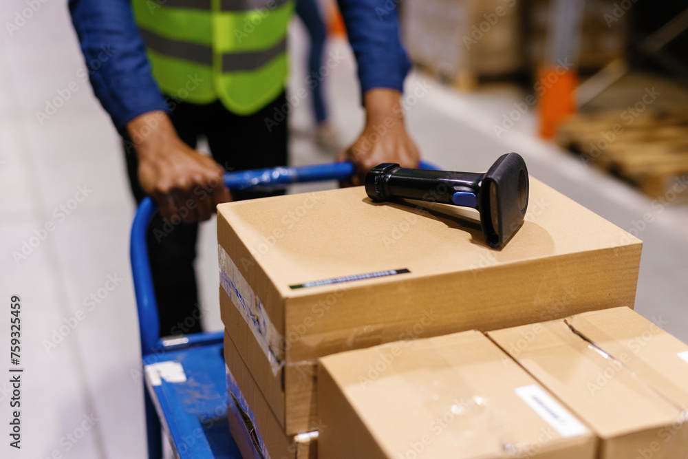Multicultural anonymous warehouse staff carrying cart packages Multicultural anonymous warehouse staff carrying cart packages