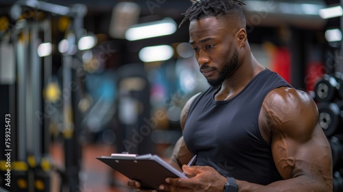 Black man at the gym, focused on writing a membership checklist on a clipboard, symbolizing the professional and welcoming atmosphere of wellness coaching, AI Generative