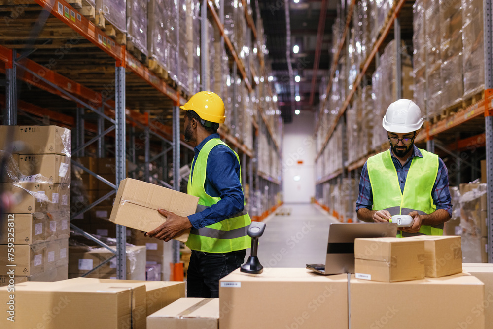 Two warehouse workers inventory boxes Two warehouse workers inventory boxes