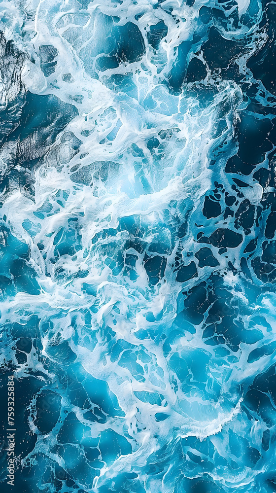 Naklejka premium A close up shot of electric blue water with wind waves crashing on rocks, creating a mesmerizing pattern under the cloudy sky