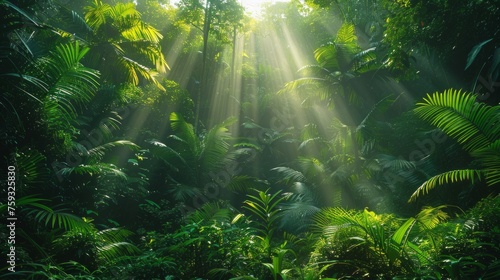 Dense tropical jungle  sunlight piercing through foliage  humid  rich biodiversity  vivid  AI Generative