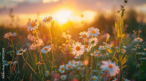 Die warmen Sonnenstrahlen beleuchten eine prachtige Blumenwiese, voller leuchtender Farben und Lebens, AI Generative © sorapop