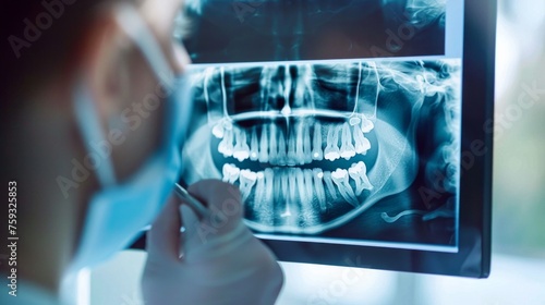 Doctor dentist analyzing a patient's dental X-ray on a digital screen, illustrating the diagnostic process in modern dentistry. The visual clarity of the X-ray aids in identifyin, AI Generative