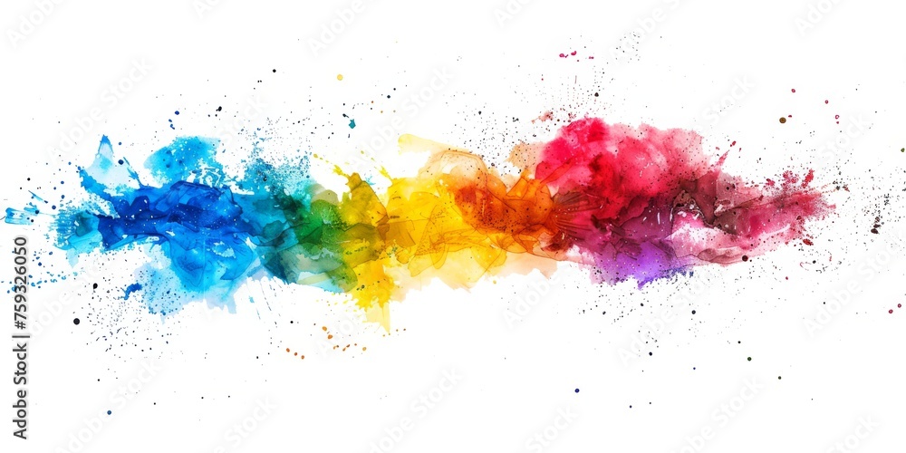 Bold watercolor rainbow splashes burst with vibrant, dynamic colors across pristine white, infusing the canvas with electrifying energy and vitality in art.