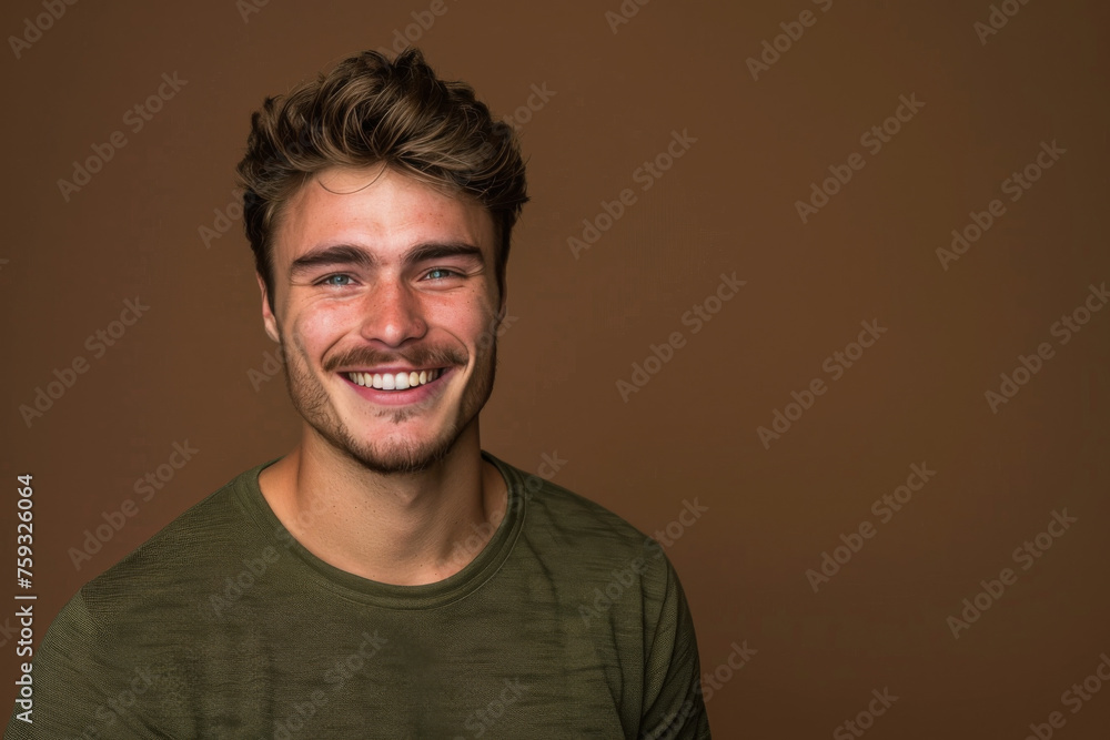 A man with a beard is smiling and wearing a green shirt A man with a beard is smiling and wearing a green shirt