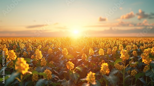 Expansive view of a soybean farm, agricultural field under open sky, symbol of abundant harvest, digital art style, photograph, abundant harvest, soybean farm, AI Generative