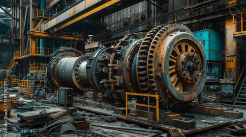 Inside the turbine shop at an energy power generation station, showcasing a disassembled turbine laid out for repair and inspection, AI Generative