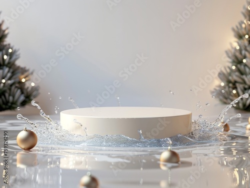 Christmas Abstract Minimalistic Flat Podium. The Scene for Product Presentation. 3D Room with thin podium and water splashes. Ai Generated Podium Mockup for a Product advertisement.