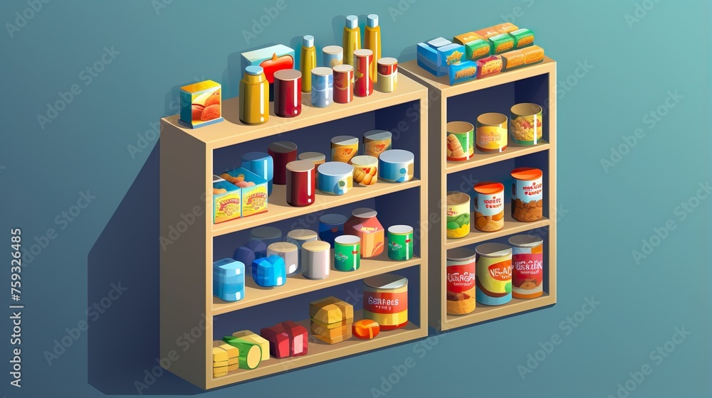 An isometric illustration of a grocery shelf stocked with various colorful food items, perfect for advertising and retail design