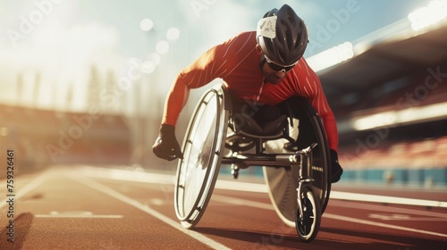 Paralympic athlete in a wheelchair racing on a track., AI Generative photo
