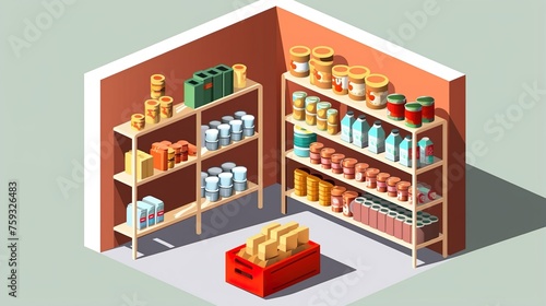 Isometric illustration depicting a storage room in a grocery store with well-stocked shelves of products