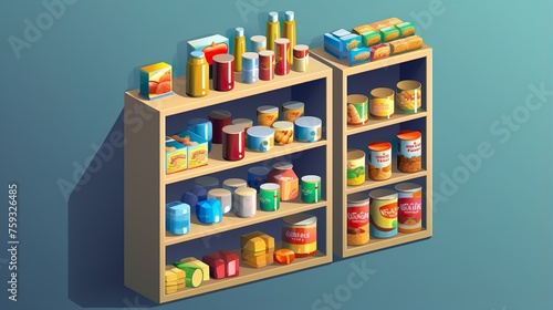 An isometric illustration of a grocery shelf stocked with various colorful food items  perfect for advertising and retail design