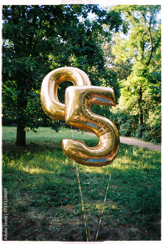 Golden mylar number balloons in a pic-nic party next to the trees photo