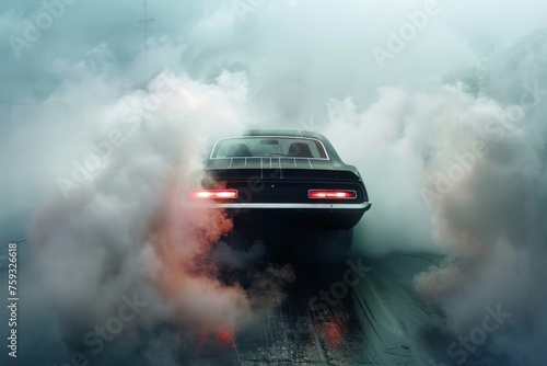 Muscle car doing a burnout at a drag strip clouds of smoke enveloping the scene.