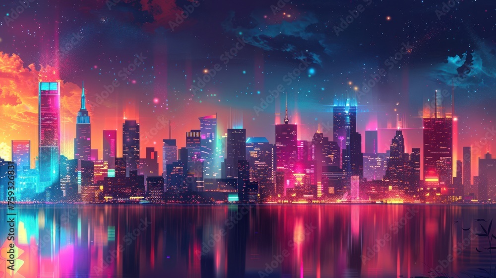 A vibrant digital art piece featuring a neon-infused cyberpunk cityscape with a dramatic water reflection under a starry sky.