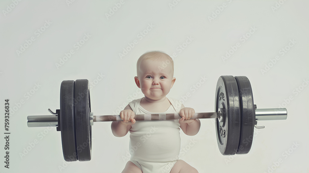 Funny strong baby lifting a heavy barbell white background Funny strong baby lifting a heavy barbell white background