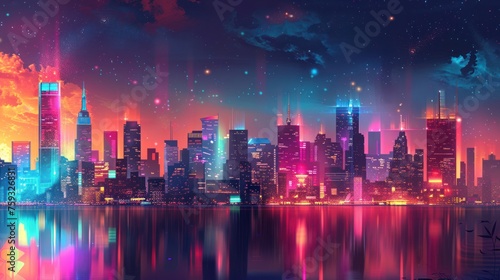 A vibrant digital art piece featuring a neon-infused cyberpunk cityscape with a dramatic water reflection under a starry sky.