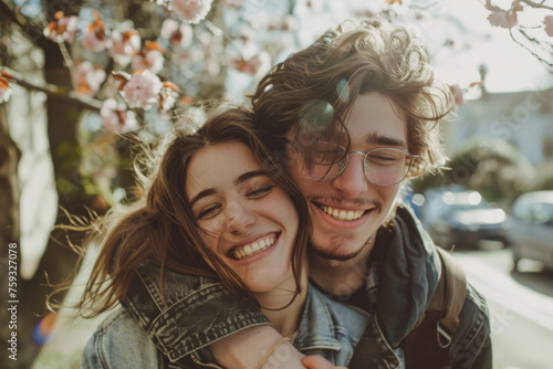 A man and a woman are hugging and smiling for the camera