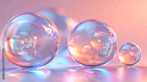 Glass Spheres on reflective surfaces. Colorful and Vivid. 3D Shapes.