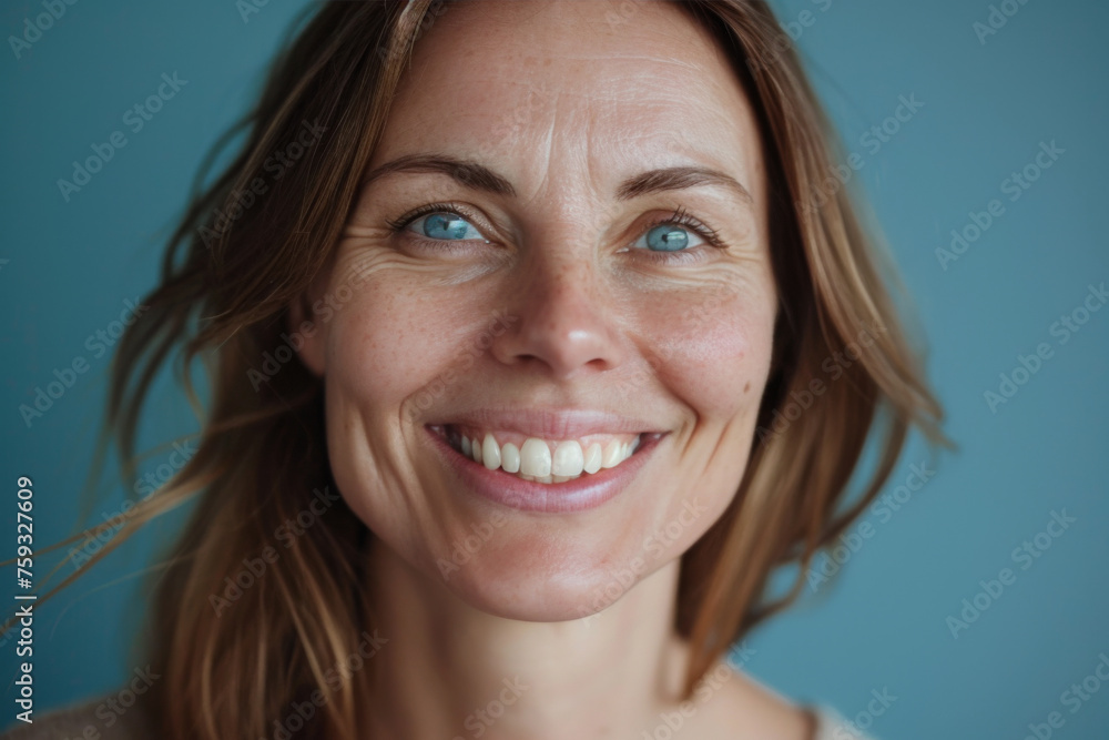 A woman with blue eyes smiles for the camera A woman with blue eyes smiles for the camera