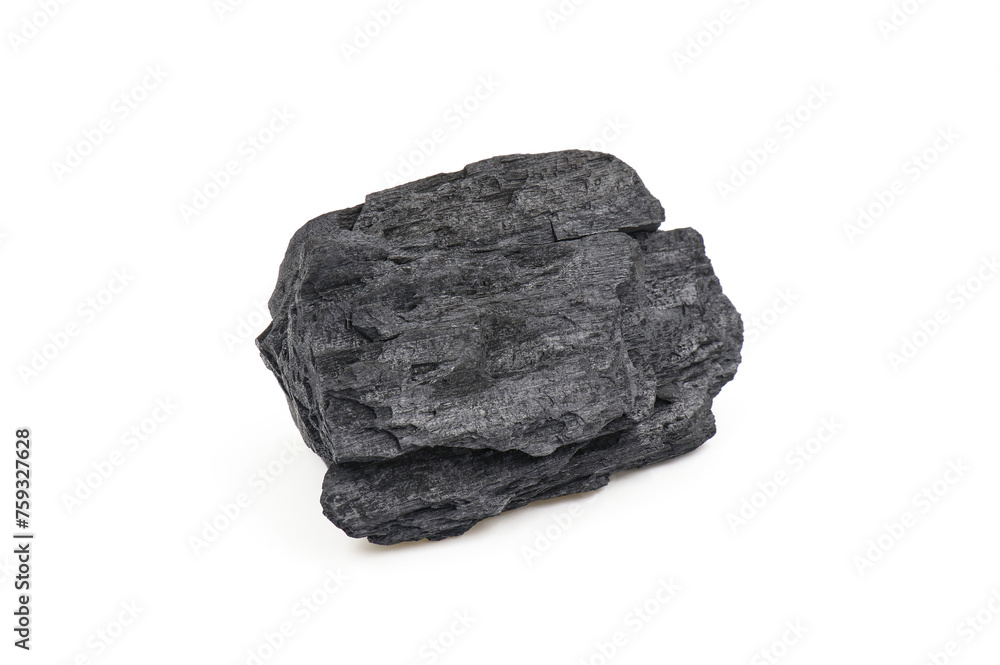 Obraz premium Natural wood charcoal, traditional charcoal or hardwood charcoal isolated on white background. For heating food in cooking. cosmetics. deodorant in the refrigerator. Activated Carbon. BBQ.