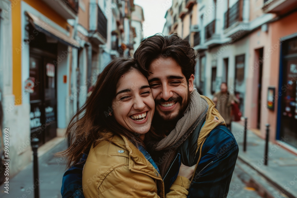 A man and a woman are hugging and smiling on a street A man and a woman are hugging and smiling on a street