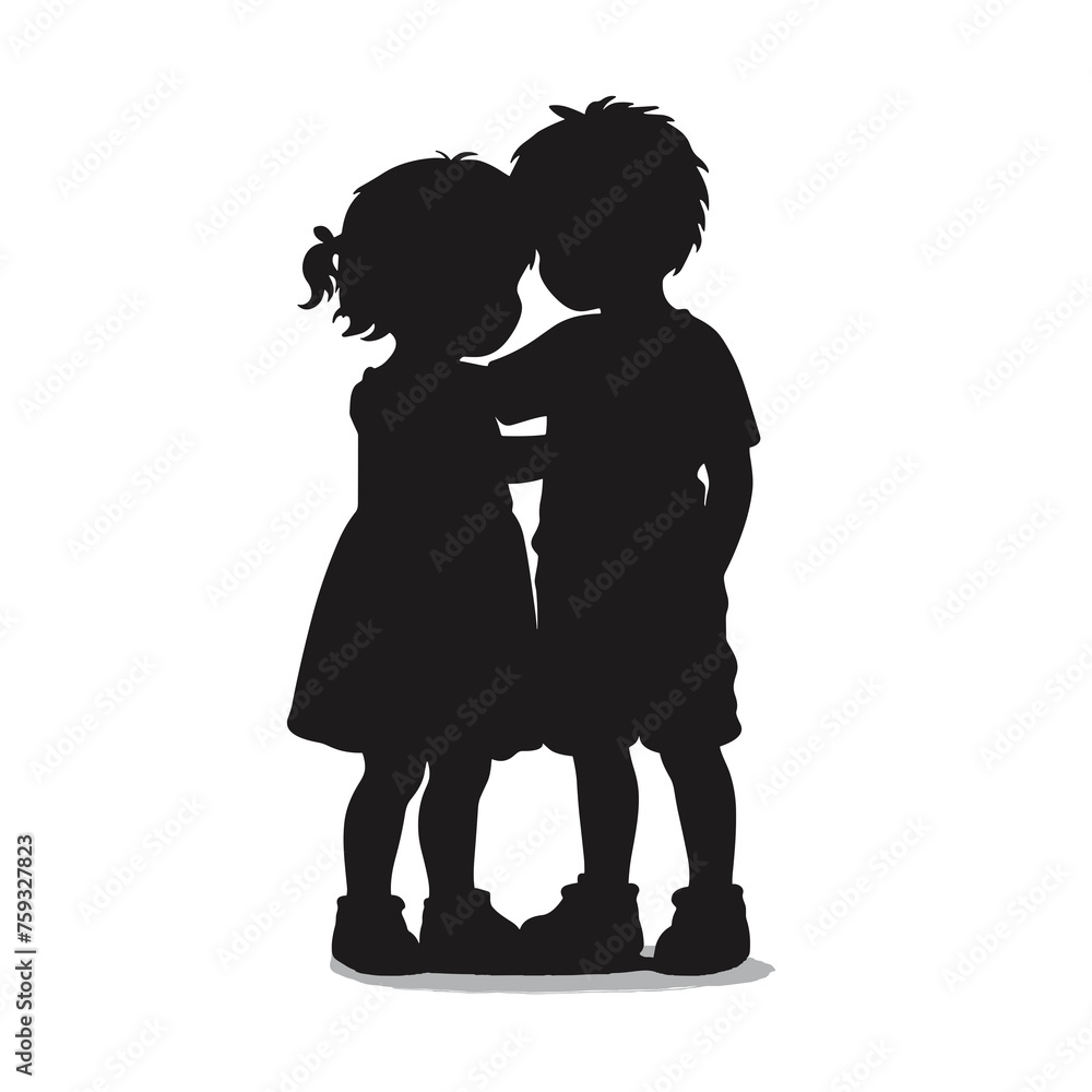 Silhouetted children, boy and girl, are hugging each other, isolated on white.