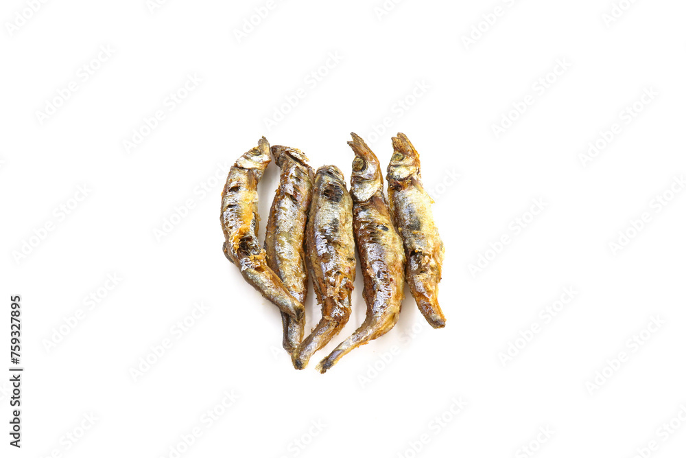 Seafood. Fried small sea fish, anchovies, capelin fish, isolated on white background