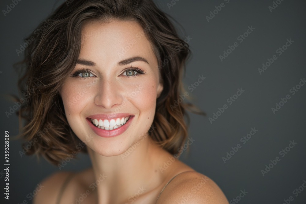 A close up of a woman 's face with a gray background A close up of a woman 's face with a gray background