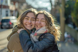 Two girls are hugging each other and smiling for the camera