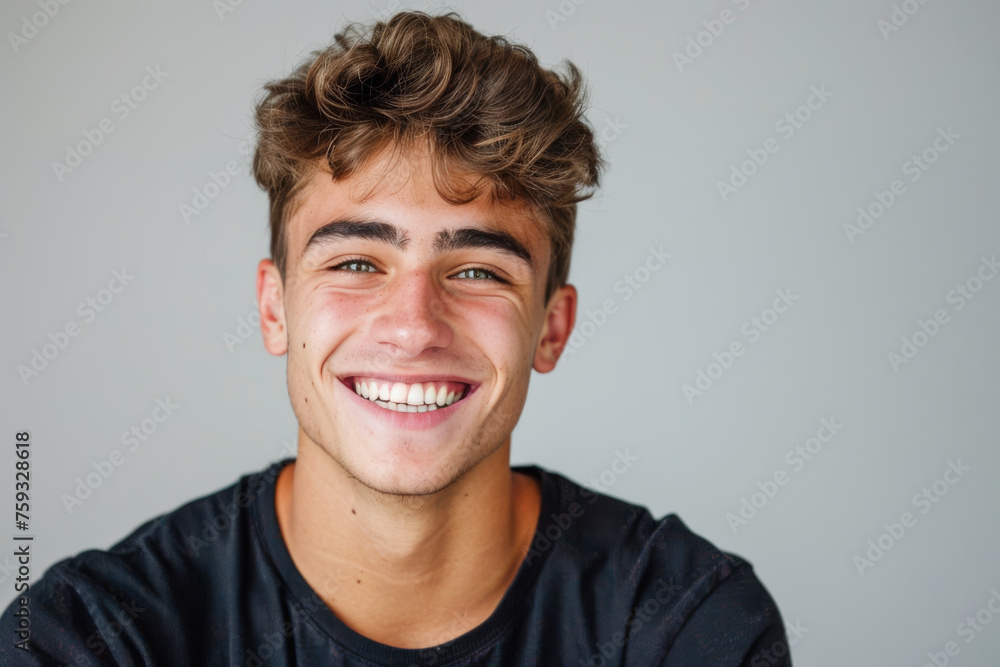 A young man in a black shirt smiles for the camera A young man in a black shirt smiles for the camera