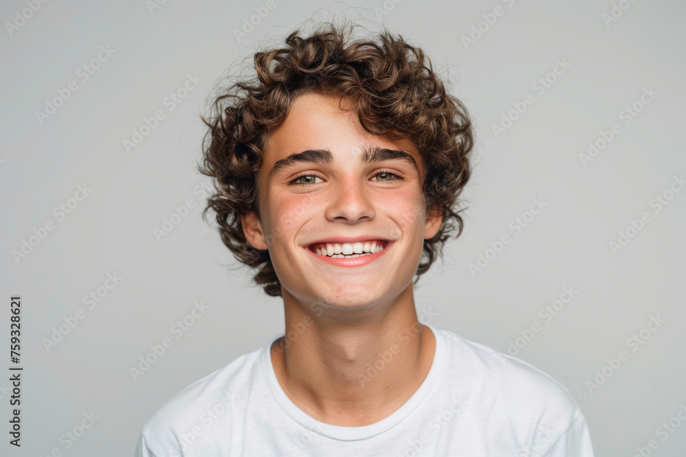 A young man with curly hair is smiling for the camera A young man with curly hair is smiling for the camera