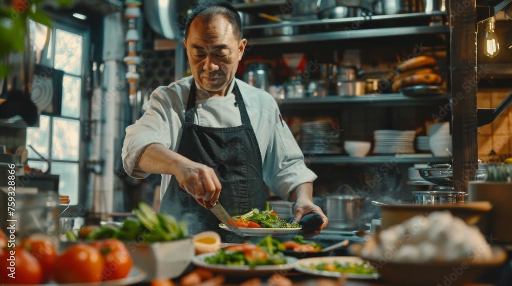 Chef is preparing a meal in the kitchen