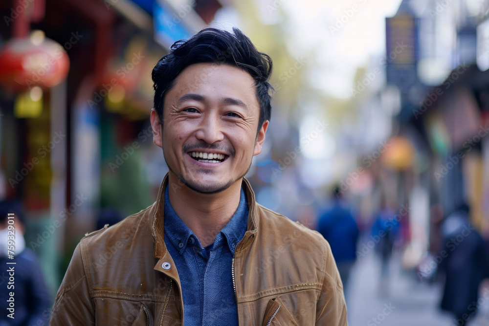 Fototapeta premium A man with a beard wearing a brown jacket smiles for the camera
