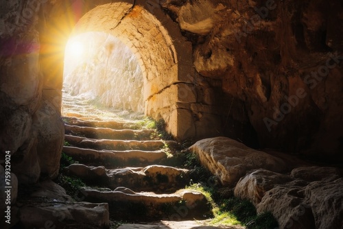 View at a tomb exit of the resurrection of jesus with bright sunlight.